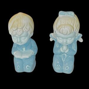 Vintage Blue Praying Children Ceramic Figurines Pair, Treasure Masters Korea